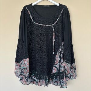 Adorn Women 1X Dark Fairy Tunic Top Black Boho Whimsigoth Mixed Media Ruffle